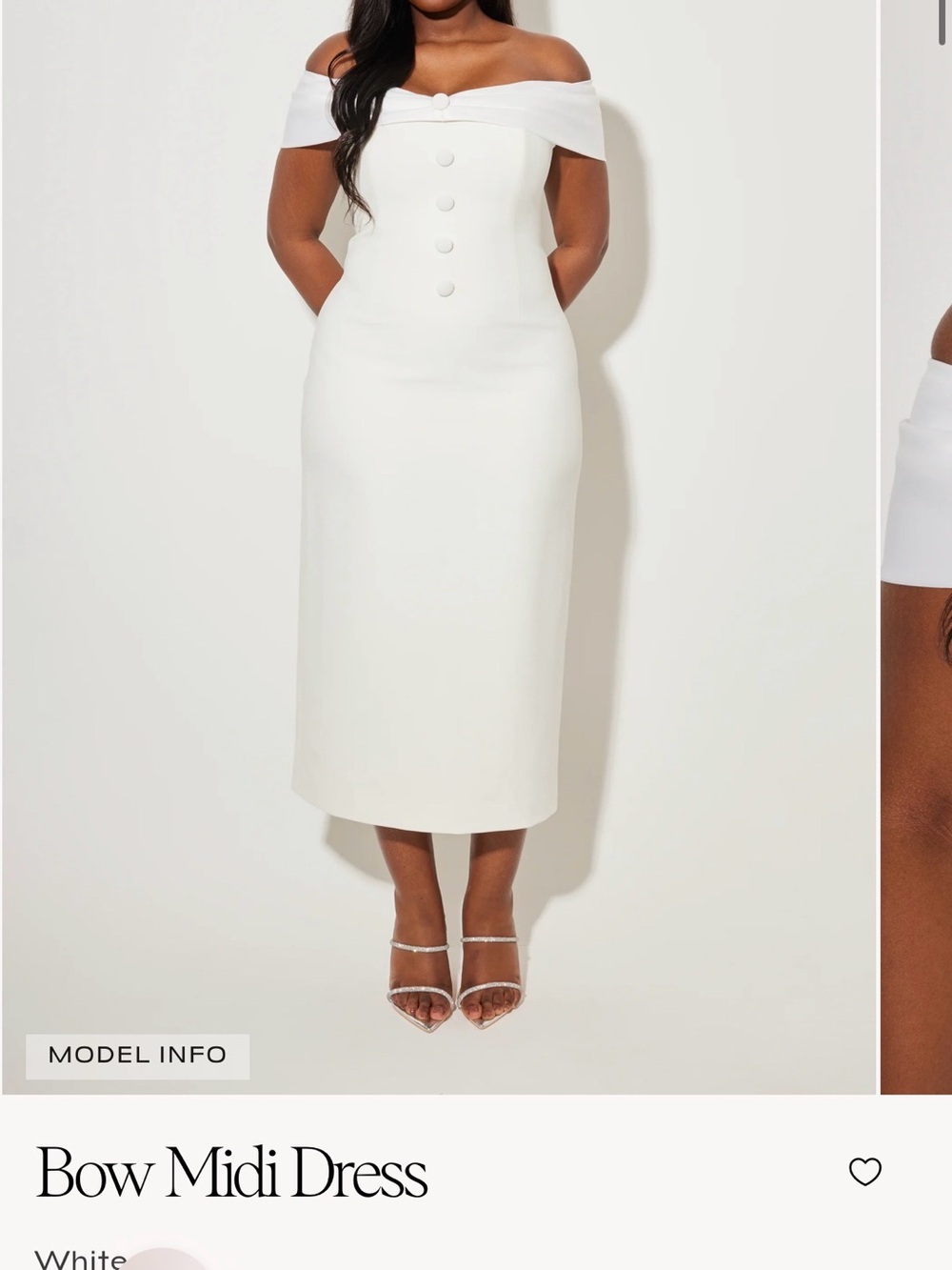 Off-Shoulder White Midi Skirt Dress with Button Detail
